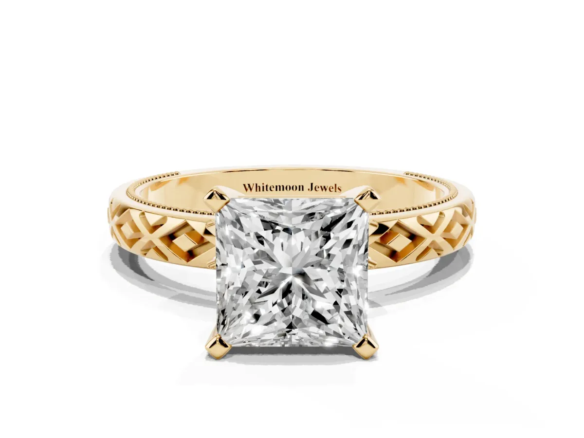 Princess Cut Solitaire Diamond Ring with Milgrain and Black Enamel X Pattern Band Yellow gold