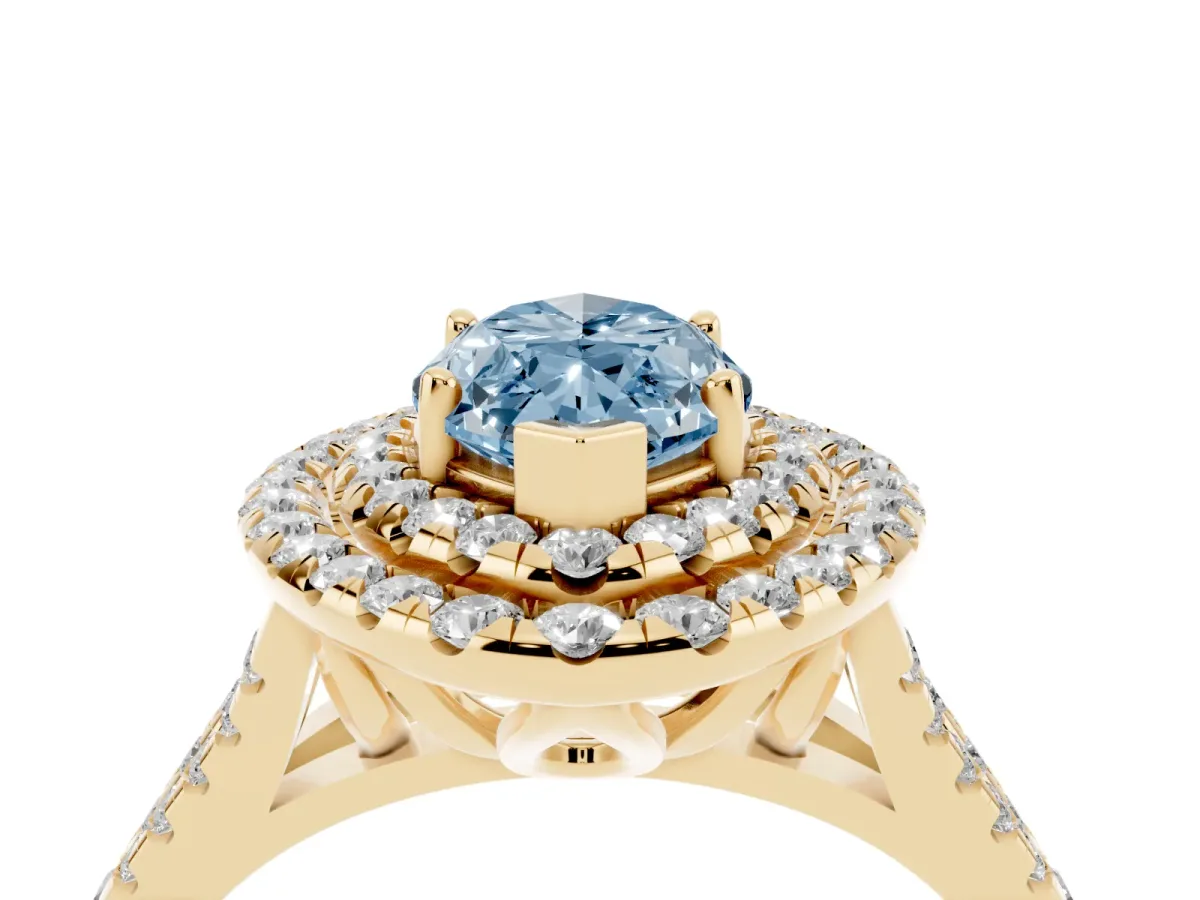 Fancy Blue Double Halo Marquise Cut Diamond Pavé Split Shank Ring with Prong Setting Yellow gold
