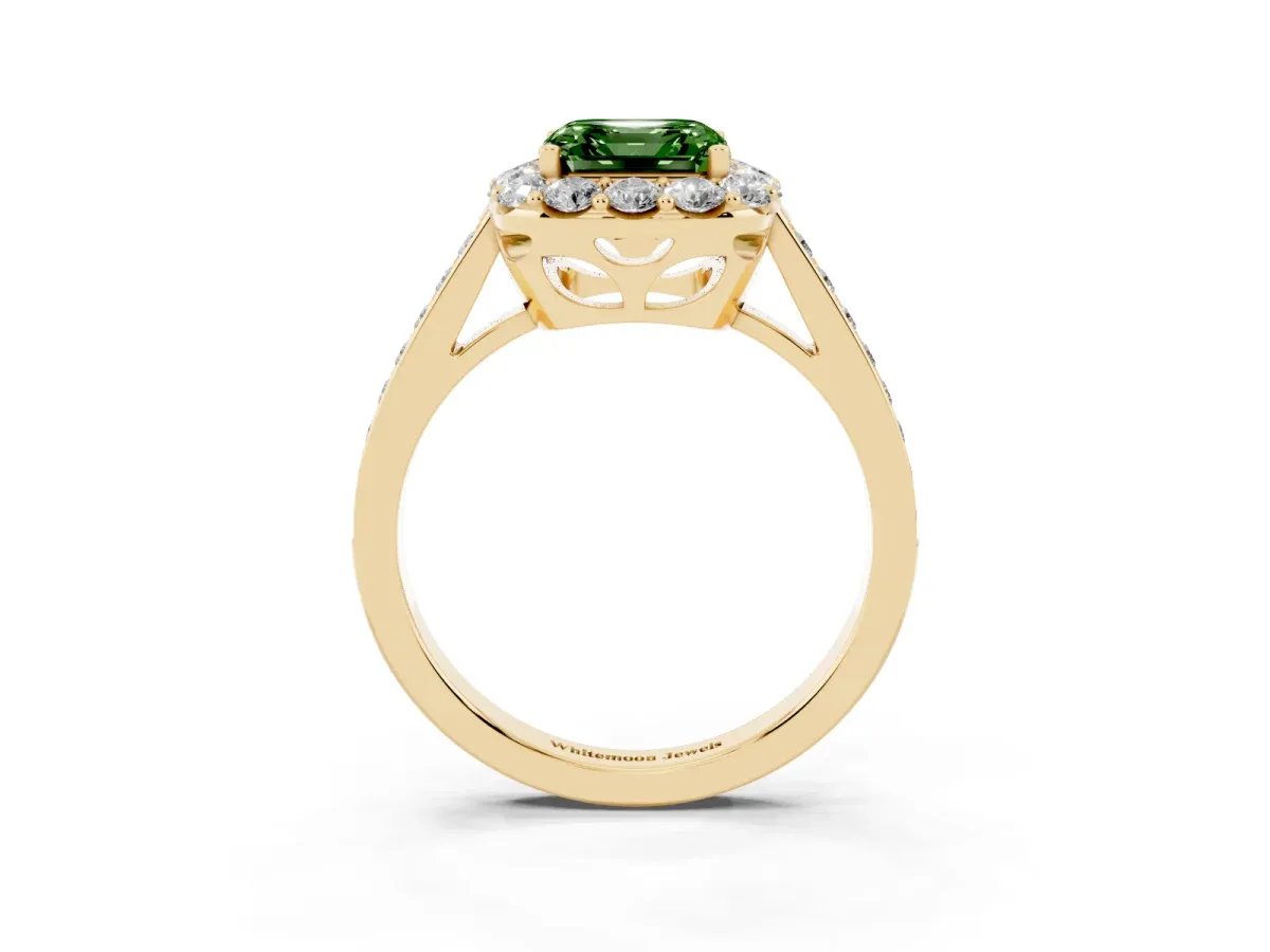 Fancy Green Asscher Cut Diamond Floral Halo Ring with Pavé Band and Prong Setting Yellow gold