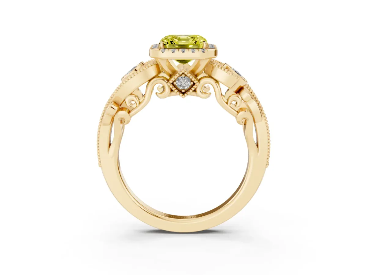 Fancy Yellow Asscher Cut Diamond Halo Ring with Milgrain Pavé Band and Four-Prong Setting Yellow gold