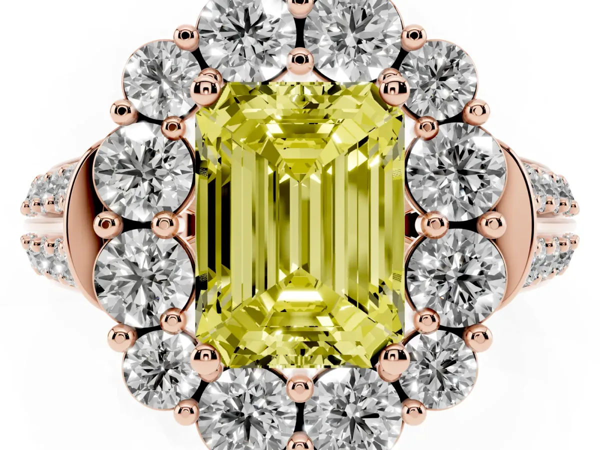 Fancy Yellow Emerald Cut Halo Diamond Engagement Ring with Split Shank and Prong Setting Rose gold