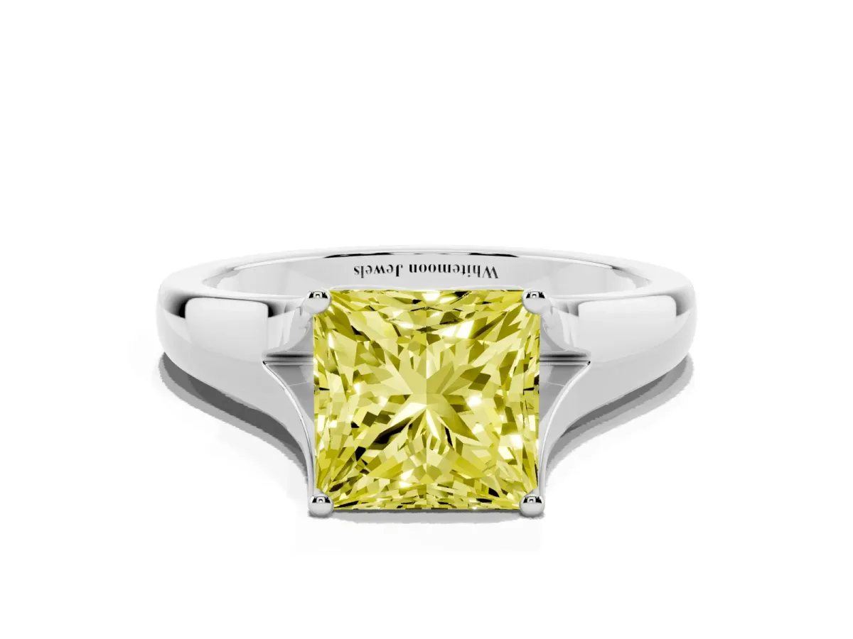 Fancy Yellow Princess Cut Solitaire Diamond Ring with Cathedral Band and Four-Prong Setting Silver