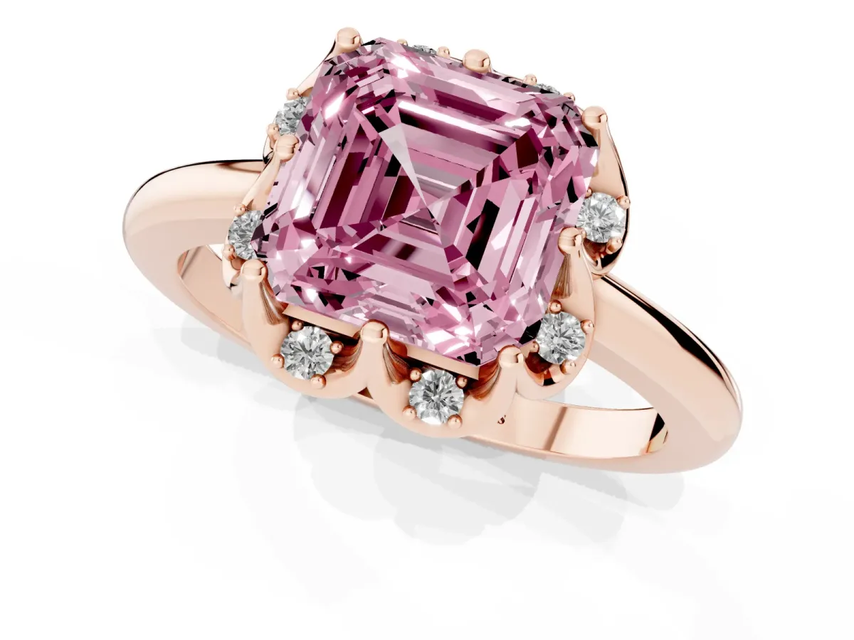 Fancy Pink Asscher Cut Halo Diamond Ring with Round Cluster Setting, Solitaire Band, and Four-Prong Setting Rose gold