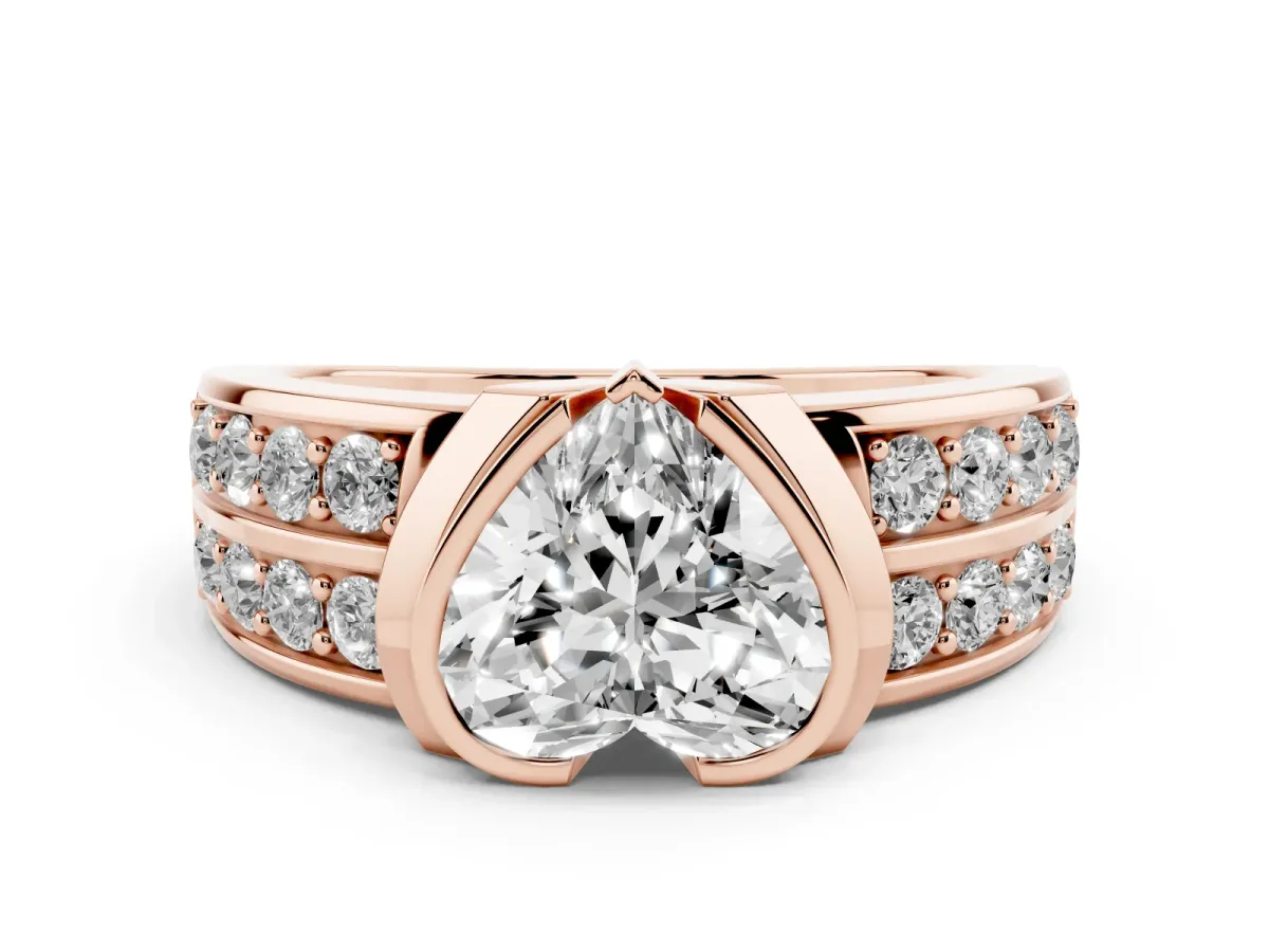 Heart Cut Brilliant Diamond Channel Set Wide Band Ring with Bezel Setting Rose gold
