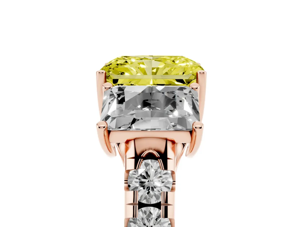 Fancy Yellow Three-Stone Radiant Cut Diamond Pavé Band with Prong Setting Rose gold