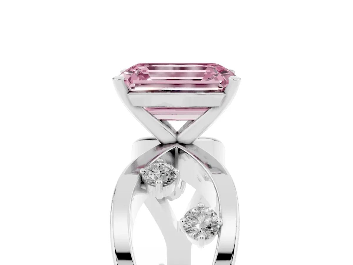 Fancy Pink Emerald Cut Cut Solitaire Diamond with Side Stones on Criss-Cross Band and Four-Prong Setting Silver