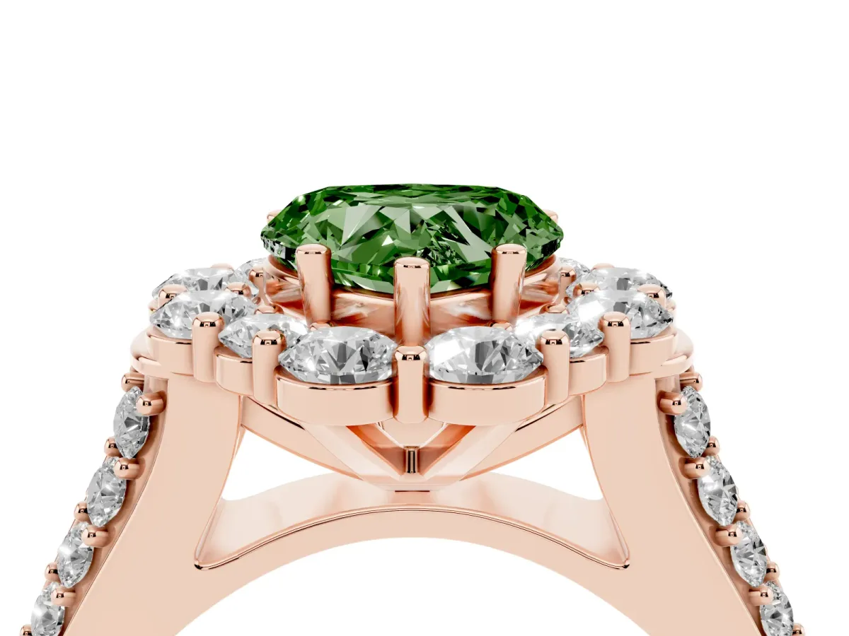 Fancy Green Heart Cut Halo Diamond Engagement Ring with Split Shank and Prong Setting Rose gold