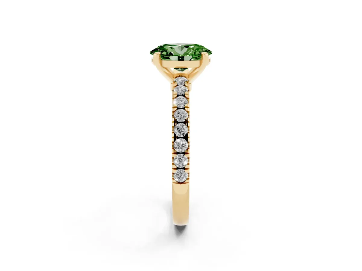 Fancy Green Oval Cut Solitaire Diamond with Pavé Band and Four-Prong Setting Yellow gold