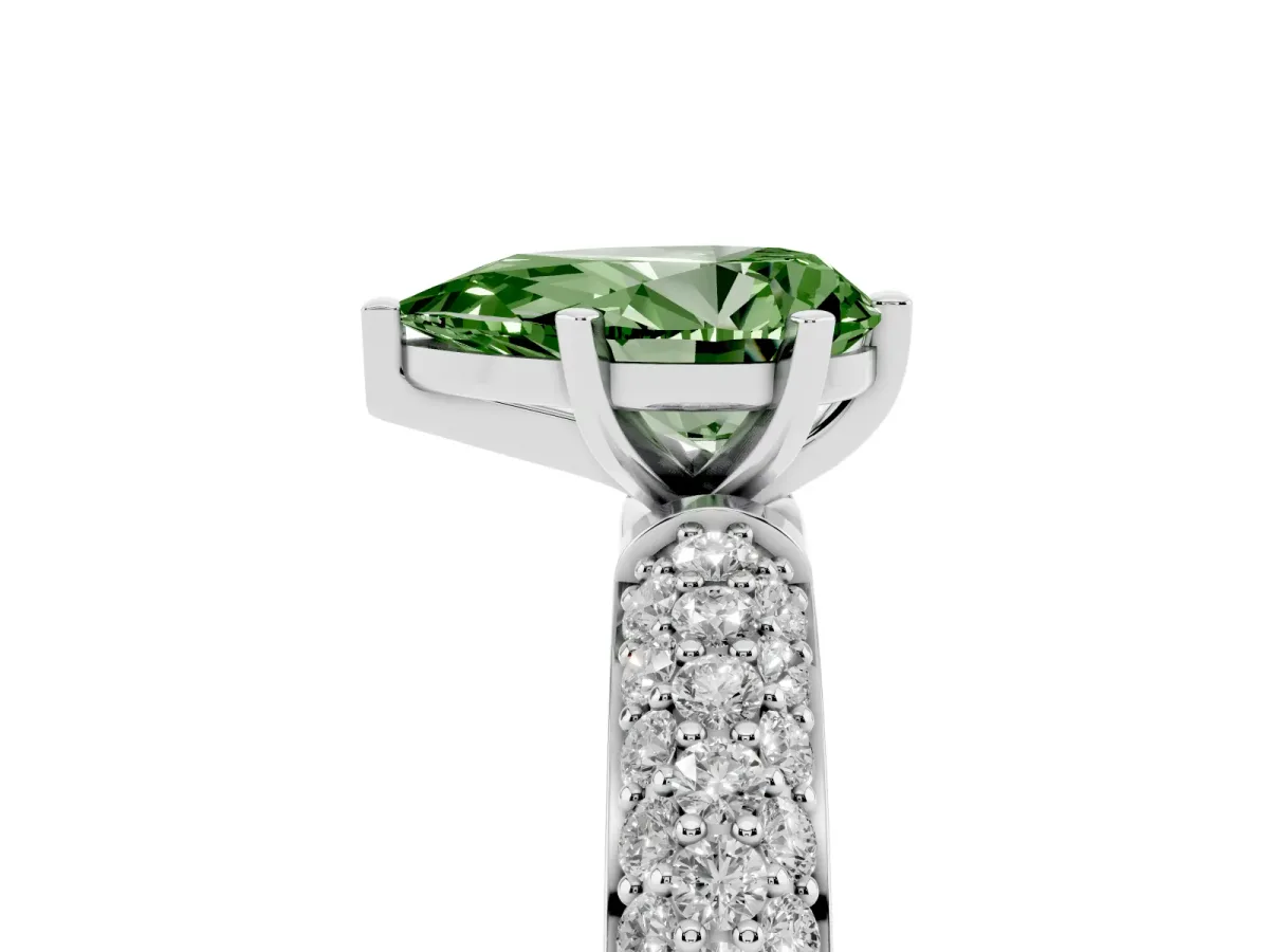 Fancy Green Pear Cut Diamond Solitaire Ring with Prong Setting and Pavé Band Silver