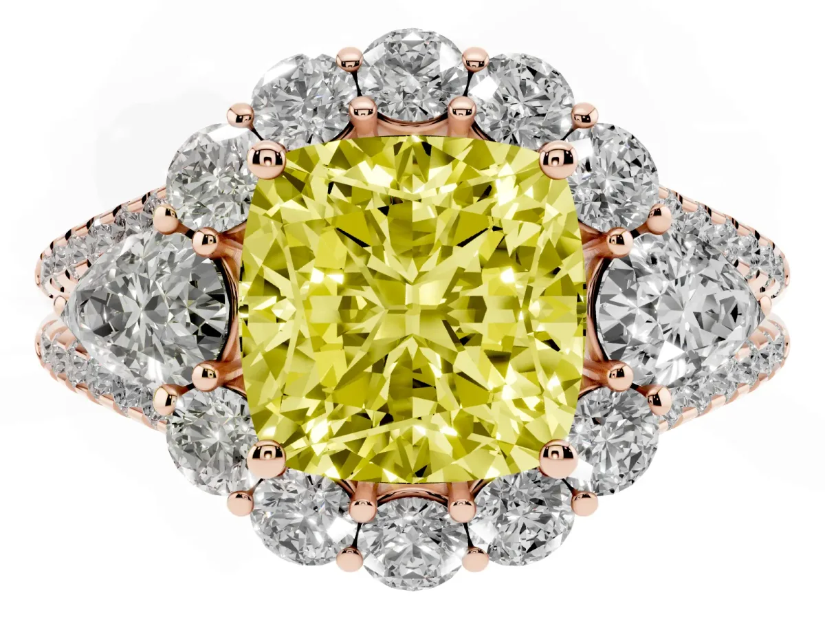 Fancy Yellow Cushion Cut Halo Split Shank Diamond Engagement Ring with Prong Setting Rose gold