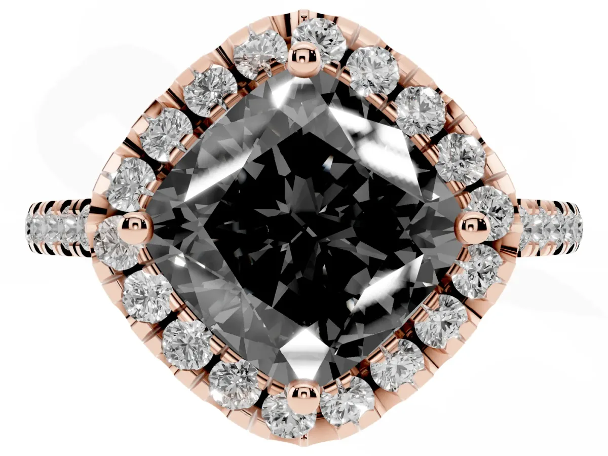 Fancy Black Cushion Cut Diamond Cushion Halo Ring with Pavé Band Rose gold