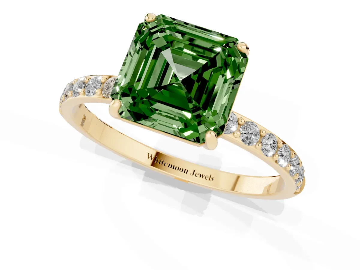 Fancy Green Asscher Cut Diamond Solitaire Ring with Round Pavé Shoulders and Prong Setting Yellow gold