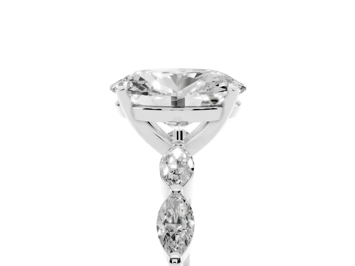Oval Cut Diamond Ring with Marquise Side Stones and Prong Setting Silver