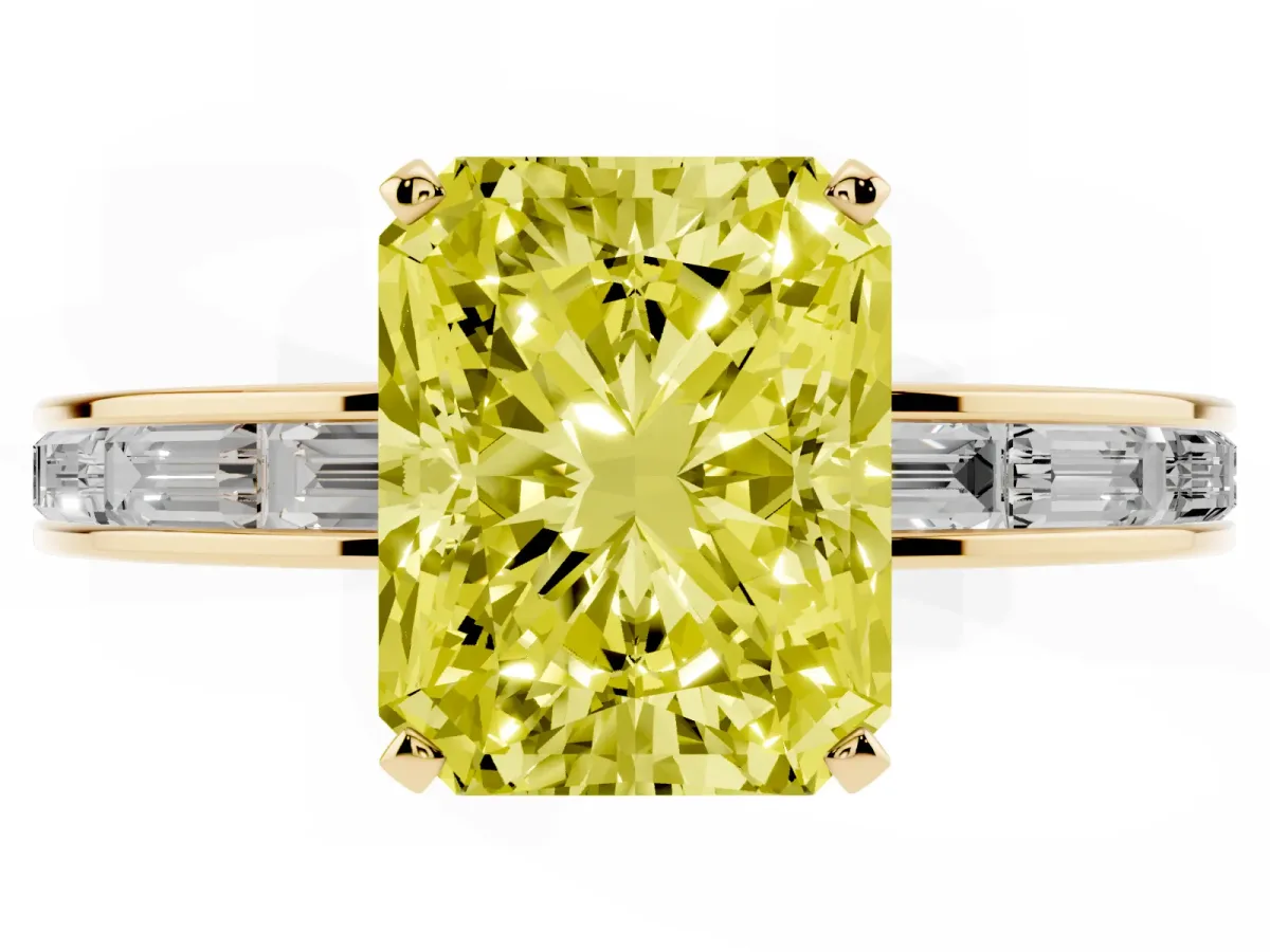 Fancy Yellow Radiant Cut Solitaire Diamond Ring with Channel-Set Baguette Band and Four-Prong Setting Yellow gold