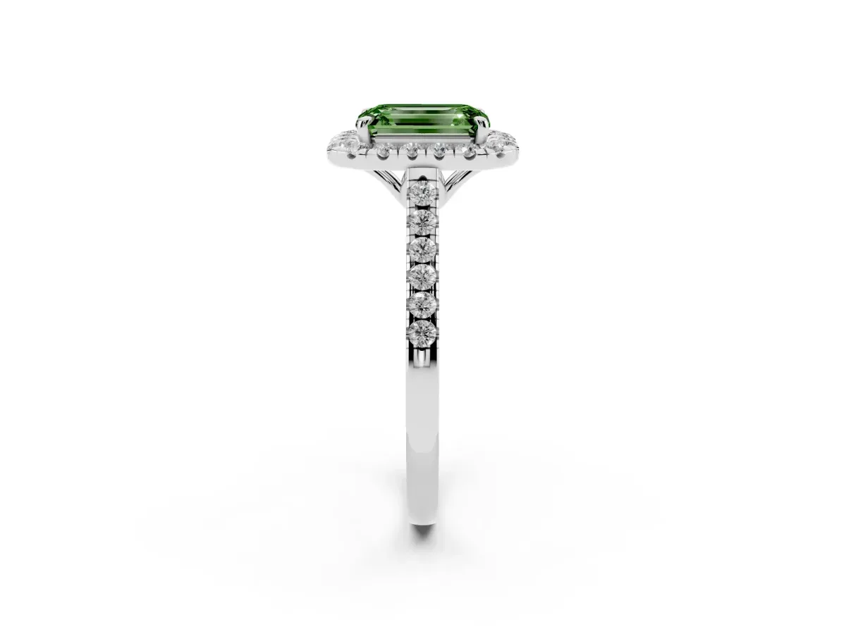 Fancy Green Emerald Cut Halo Pavé Diamond Engagement Ring with Four-Prong Setting Silver