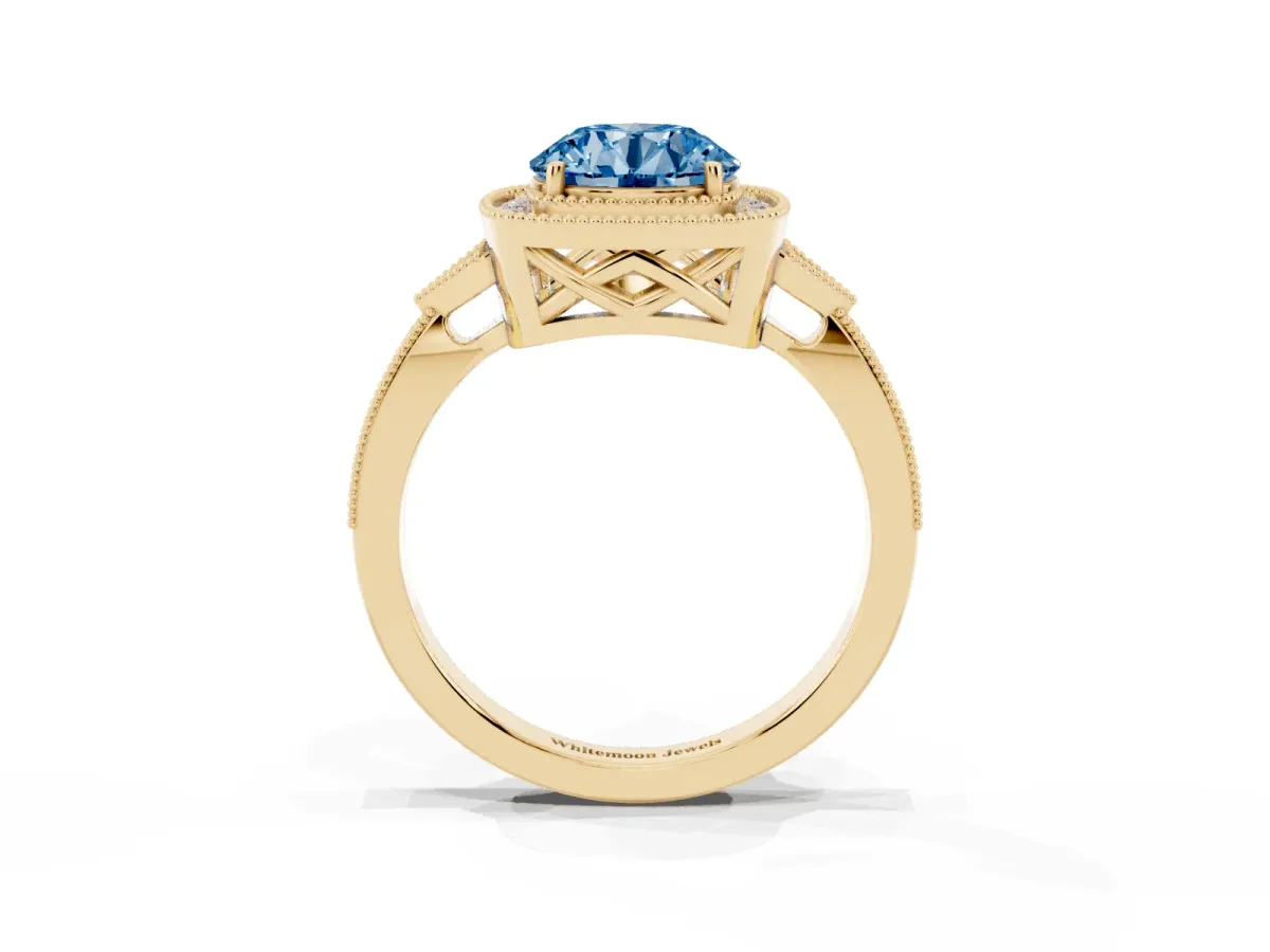 Fancy Blue Round Cut Halo Round Diamond Milgrain Pave Engagement Ring Yellow gold
