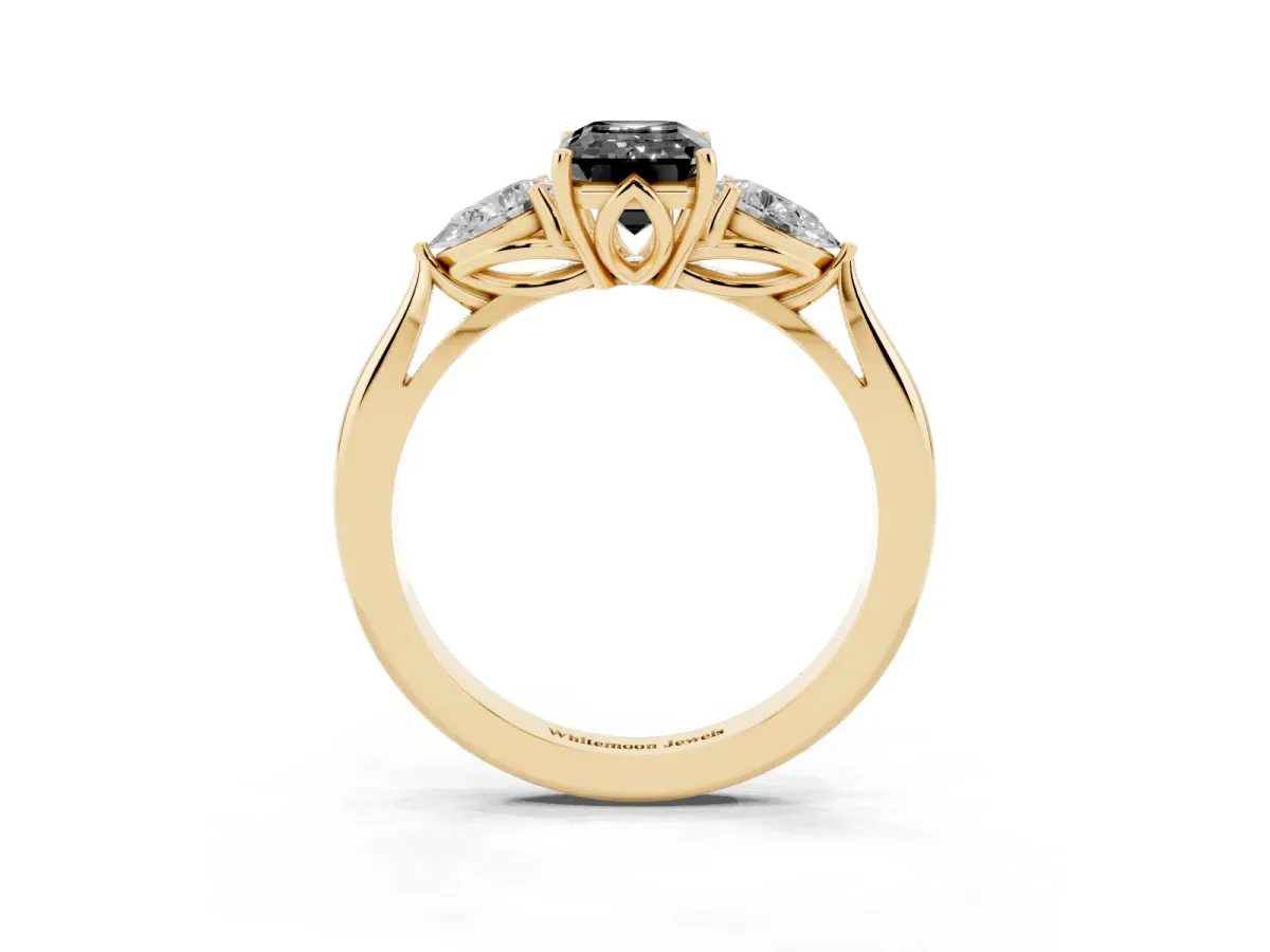 Fancy Black Three-Stone Emerald Cut Brilliant Diamond Solitaire Ring with Tapered Band and Four-Prong Setting Yellow gold