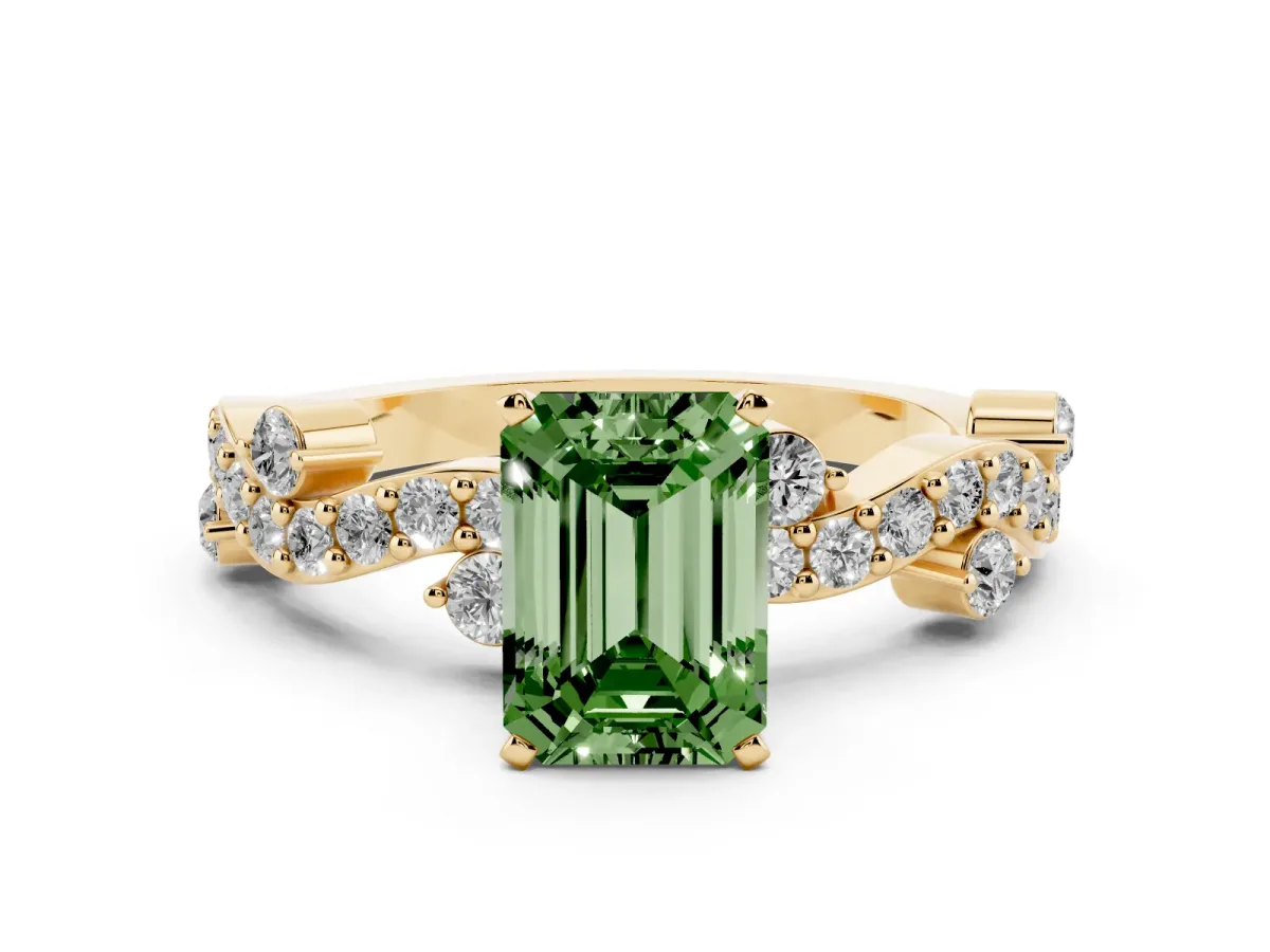 Fancy Green Emerald Cut Cut Solitaire Diamond Twisted Band with Pave Setting Yellow gold