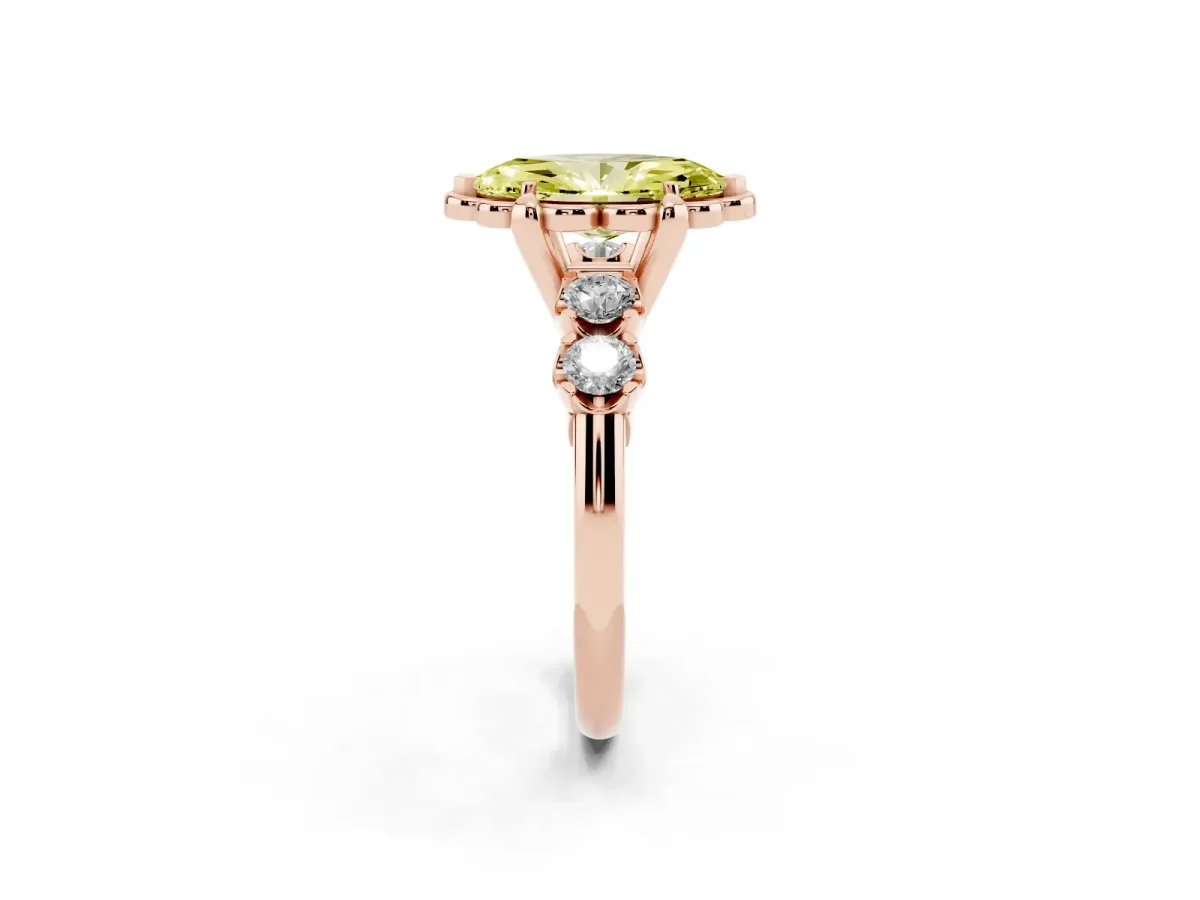Fancy Yellow Marquise Cut Cut Diamond Floral Halo Engagement Ring with Shared Prong Setting Rose gold
