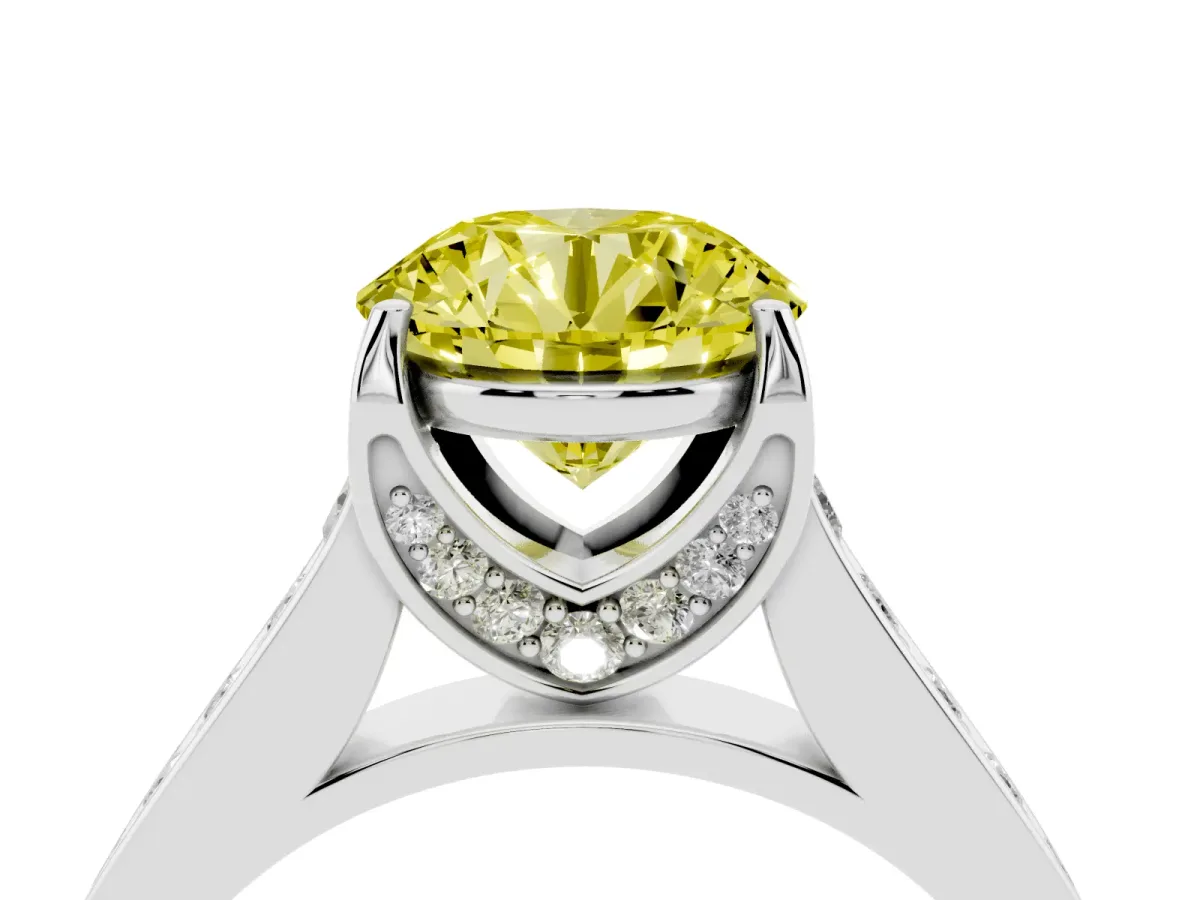 Fancy Yellow Round Cut Brilliant Cut Diamond Engagement Ring with Pavé Band and Four-Prong Setting Platinum