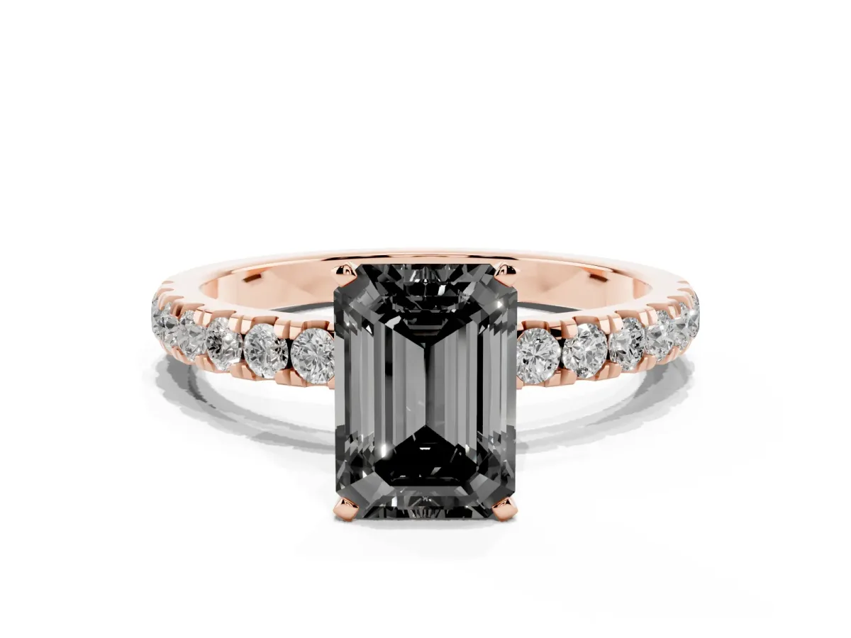 Fancy Black Emerald Cut Diamond Solitaire Ring with Pavé Accents and Four-Prong Setting Rose gold