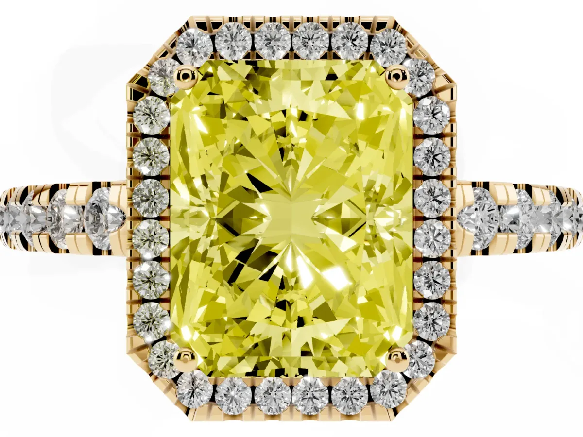 Fancy Yellow Radiant Cut Diamond Halo Ring with Pavé Band and Four-Prong Setting Yellow gold