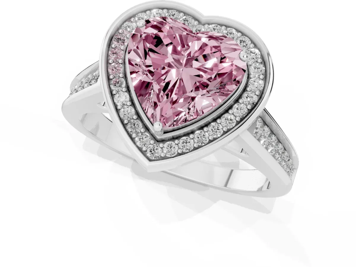 Fancy Pink Heart Cut Halo Solitaire Diamond Ring with Pave Band and Bezel Setting Silver