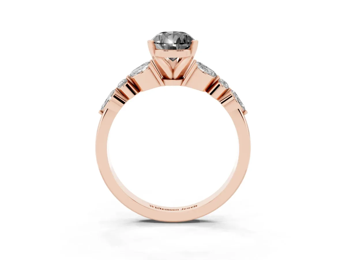 Fancy Black Pear Cut Diamond Solitaire Ring with Side Stones and Four-Prong Setting Rose gold