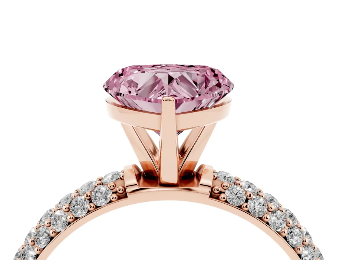 Fancy Pink Heart Cut Diamond Solitaire Ring with Prong Setting and Pavé Band Rose gold