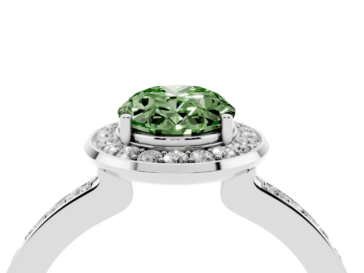 Fancy Green Oval Cut Diamond Halo Ring with Bezel Frame and Pavé Band Silver