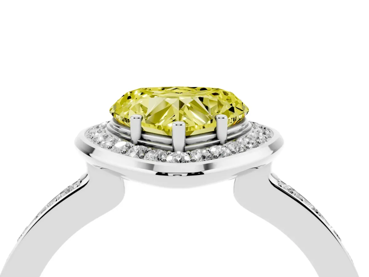 Fancy Yellow Heart Cut Diamond Halo Ring with Bezel Frame and Pavé Band Silver