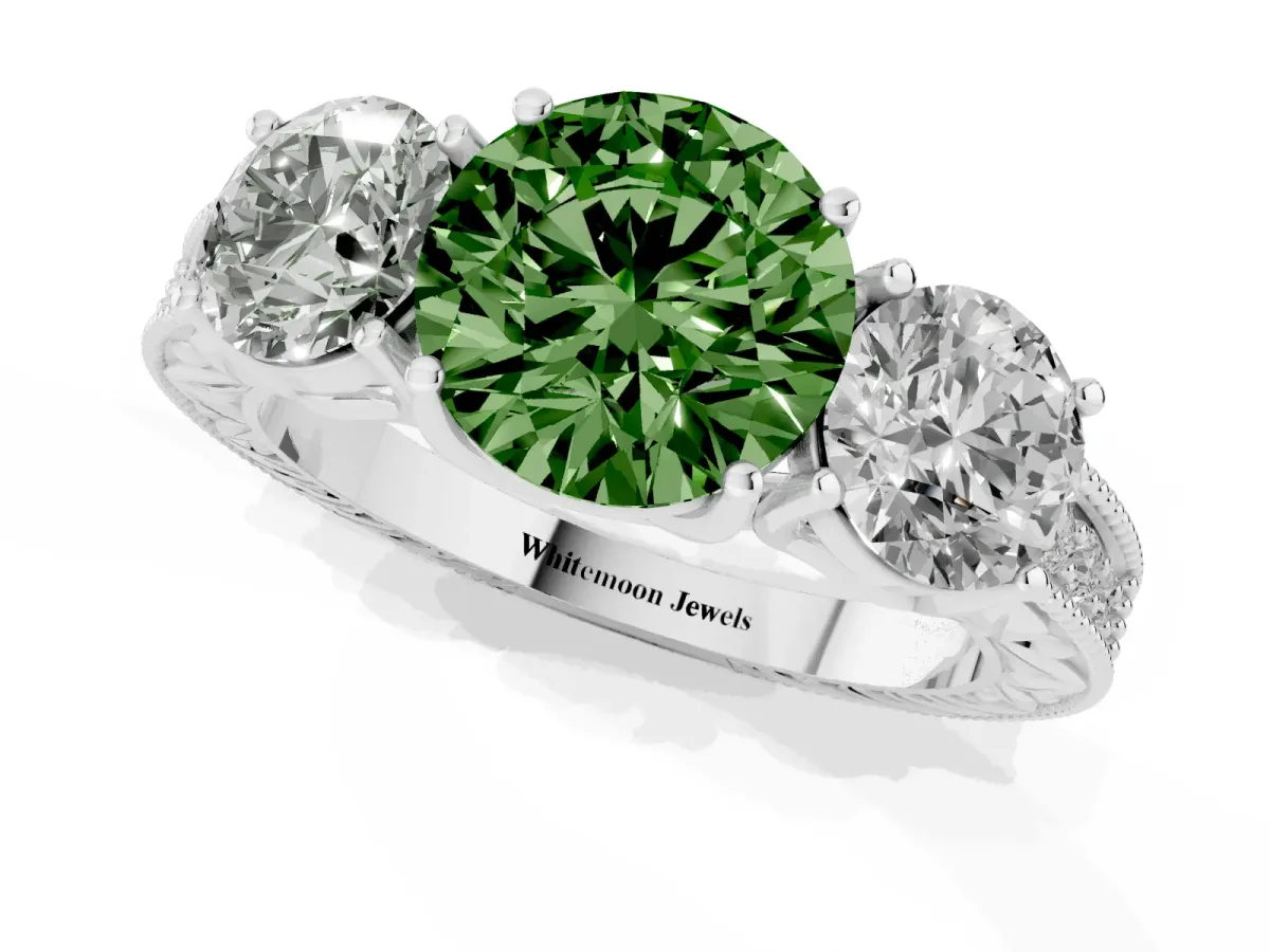 Fancy Green Three-Stone Round Cut Cut Milgrain Pavé Engagement Ring Platinum