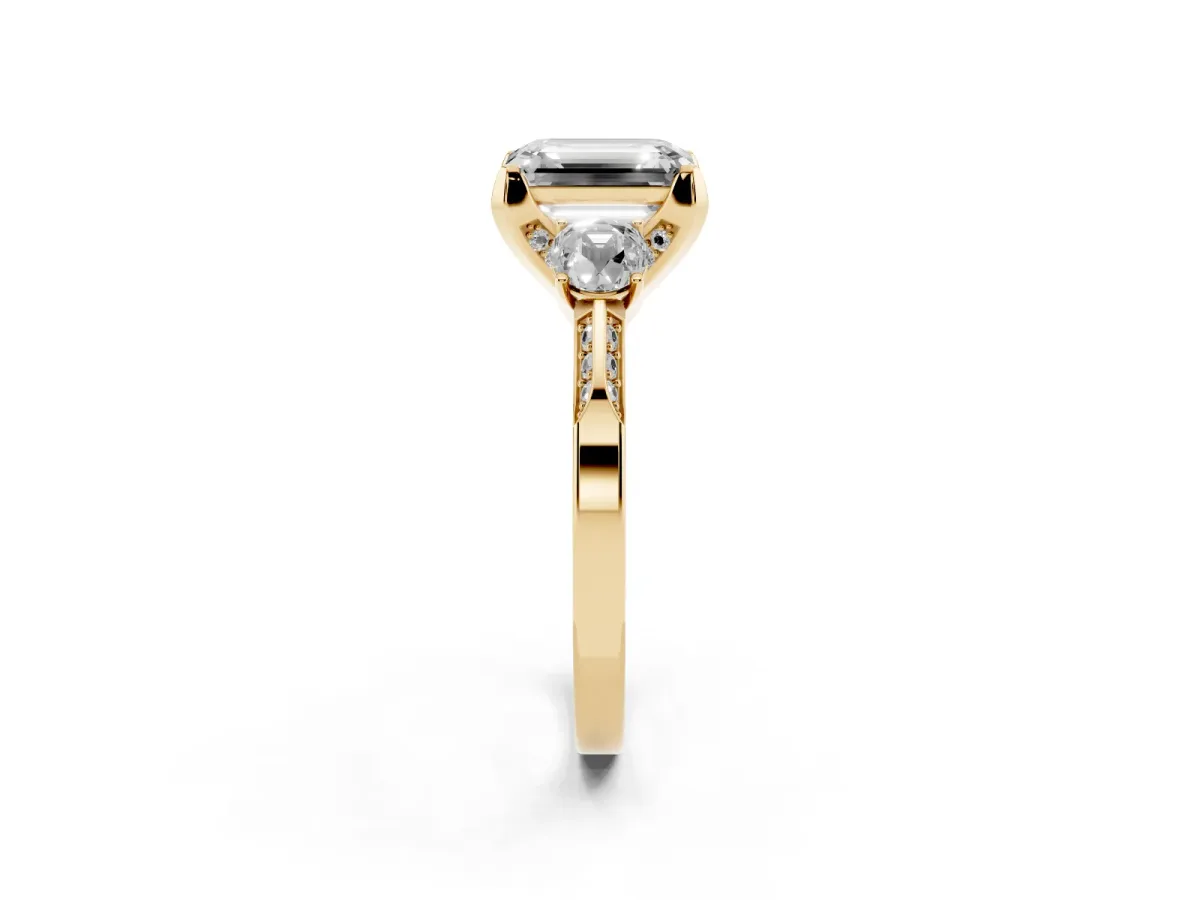 Fancy Green Emerald Cut Brilliant Three-Stone Diamond Ring with Pavé Band and Four-Prong Setting Yellow gold