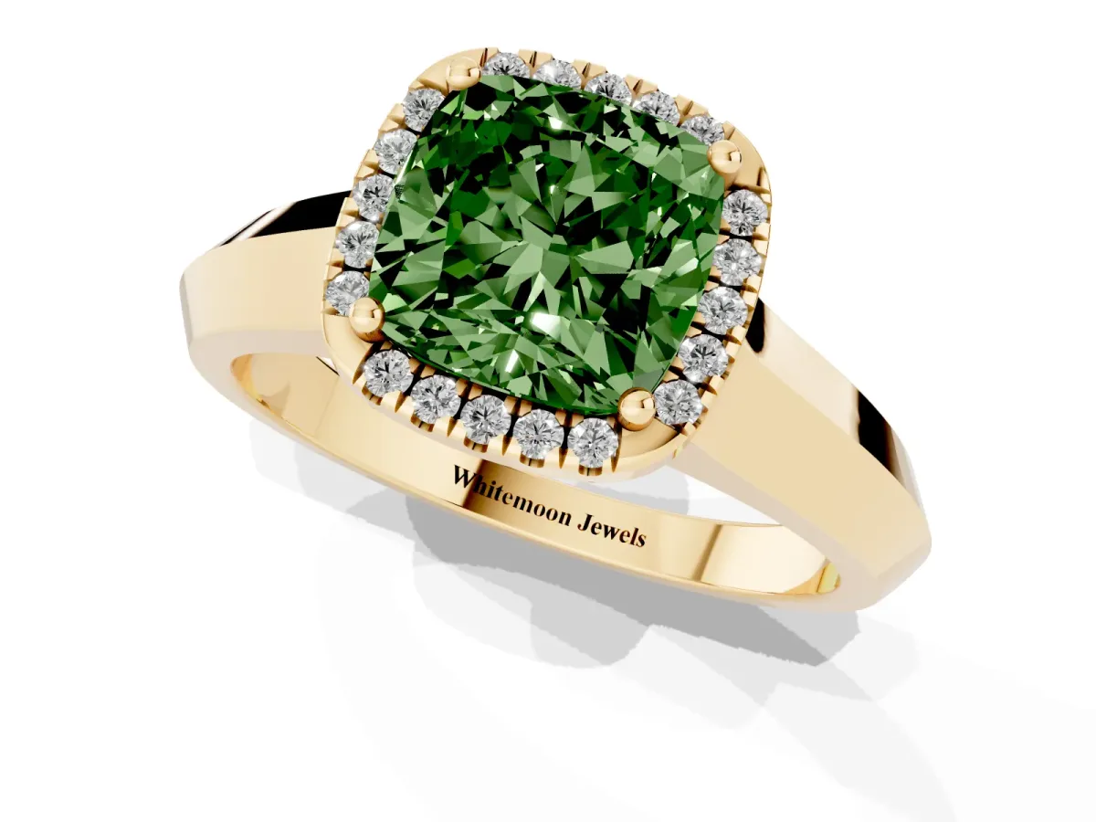 Fancy Green Cushion Cut Halo Diamond Ring with Cathedral Band and Four-Prong Setting Yellow gold