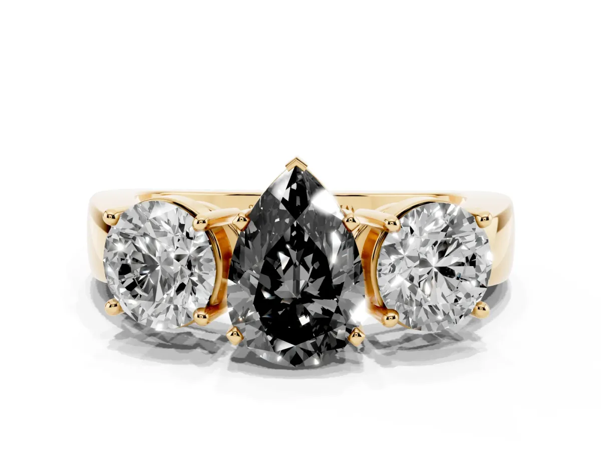 Fancy Black Three-Stone Pear Cut Diamond Ring with Round Side Stones, Classic Band, and Four-Prong Setting Yellow gold