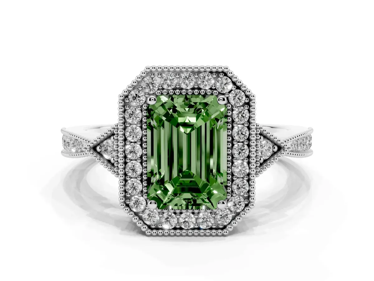 Fancy Green Emerald Cut Halo Round Diamond Milgrain Pave Engagement Ring Platinum
