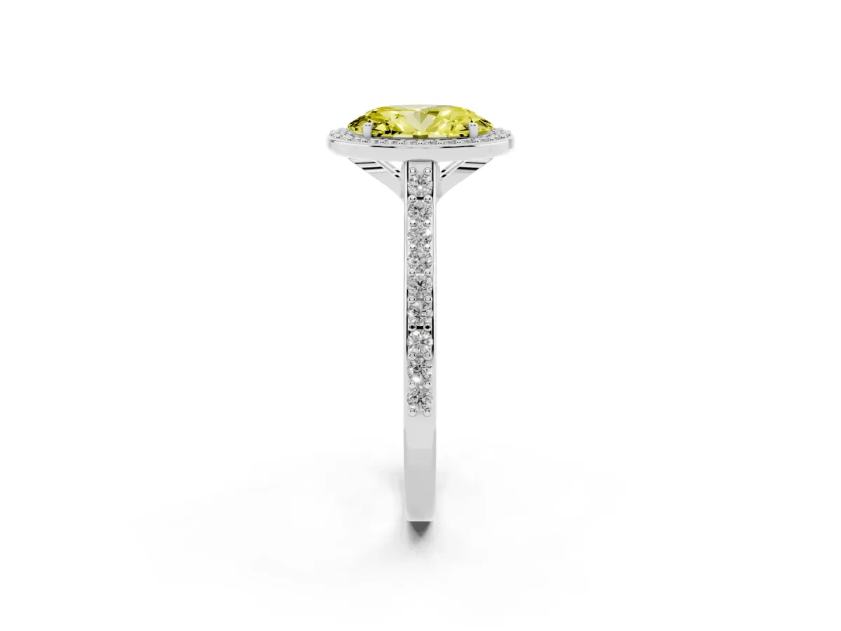 Fancy Yellow Oval Cut Diamond Halo Engagement Ring with Round Pavé Shoulders and Prong Setting White gold