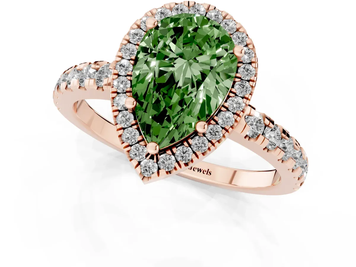 Fancy Green Pear Cut Diamond Halo Ring with Pavé Band and Four-Prong Setting Rose gold