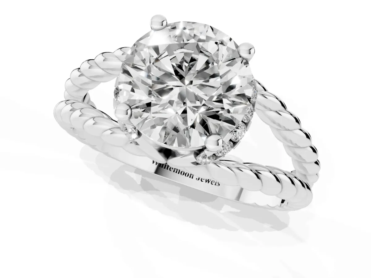Round Cut Halo Twisted Band Four-Prong Ring Silver
