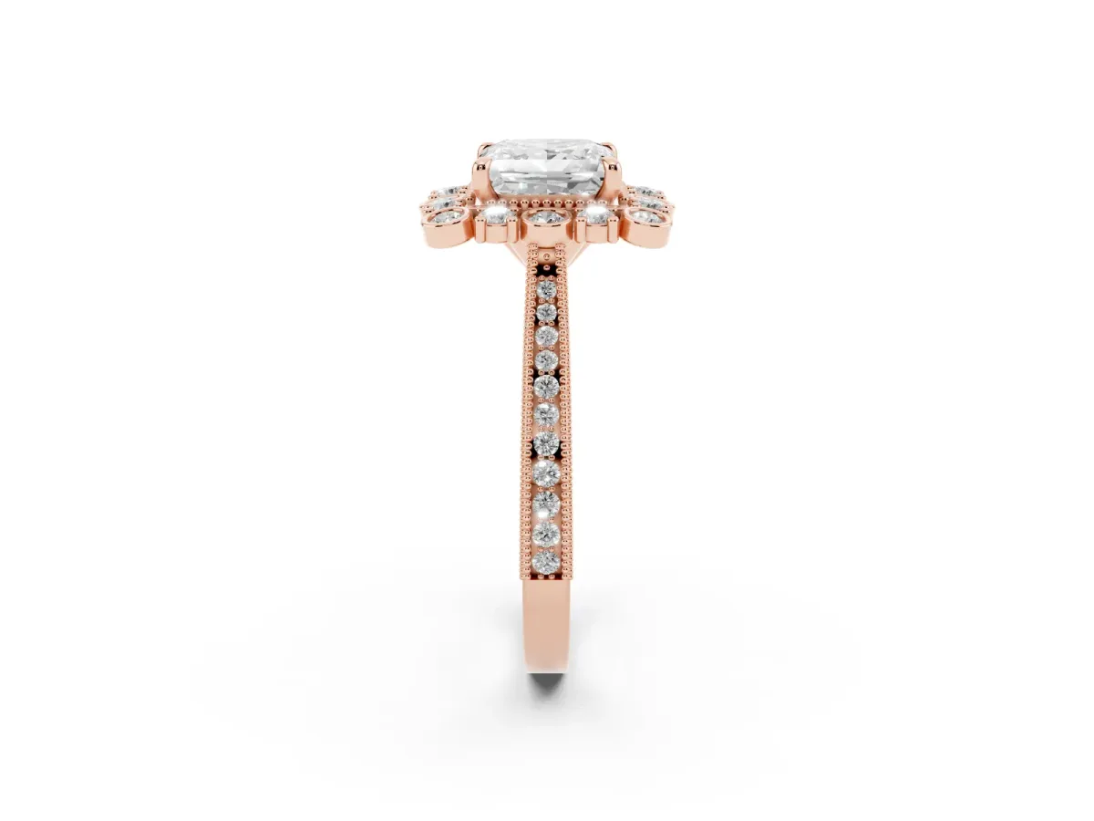 Princess Cut Halo Milgrain Pave Diamond Ring with Four-Prong Setting Rose gold