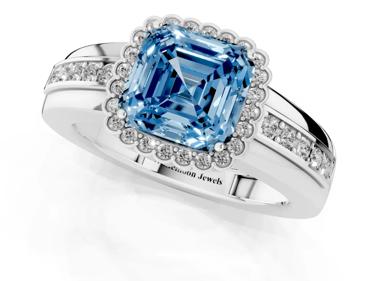 Fancy Blue Asscher Cut Cut Halo Pave Band Four-Prong Ring Silver