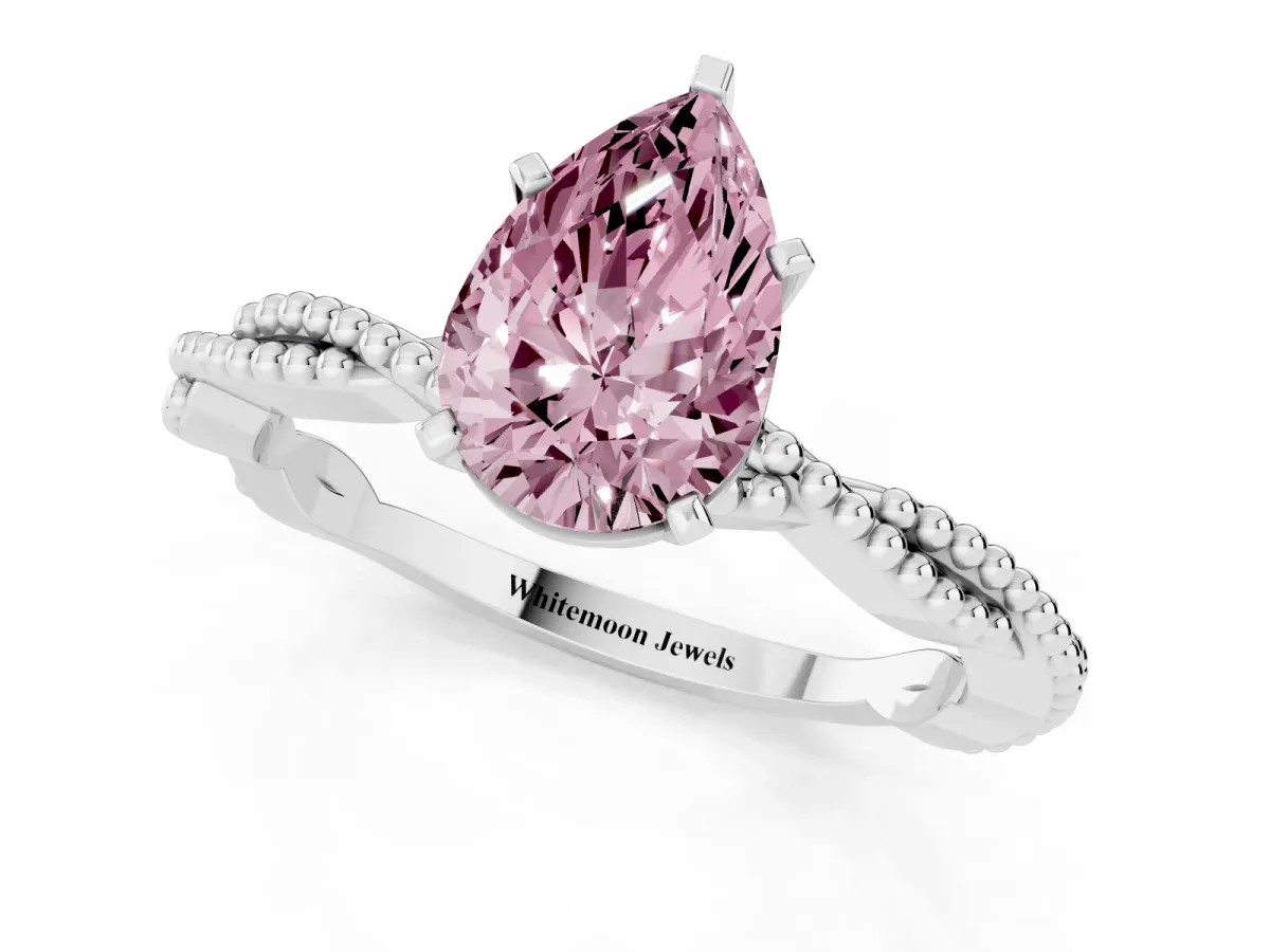 Fancy Pink Pear Cut Solitaire Twisted Band with Bead Prong Setting White gold