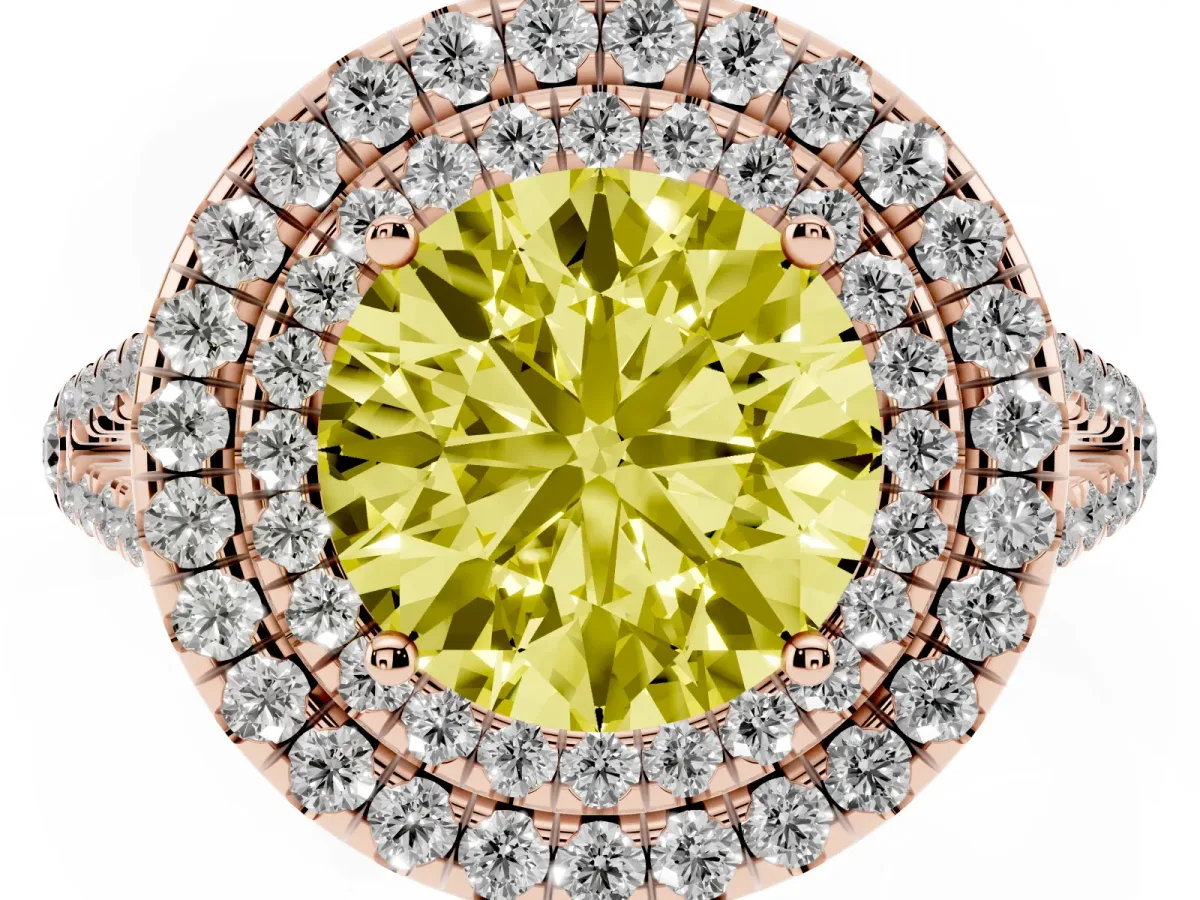 Fancy Yellow Round Cut Diamond Double Halo Ring with Pavé Band and Prong Setting Rose gold