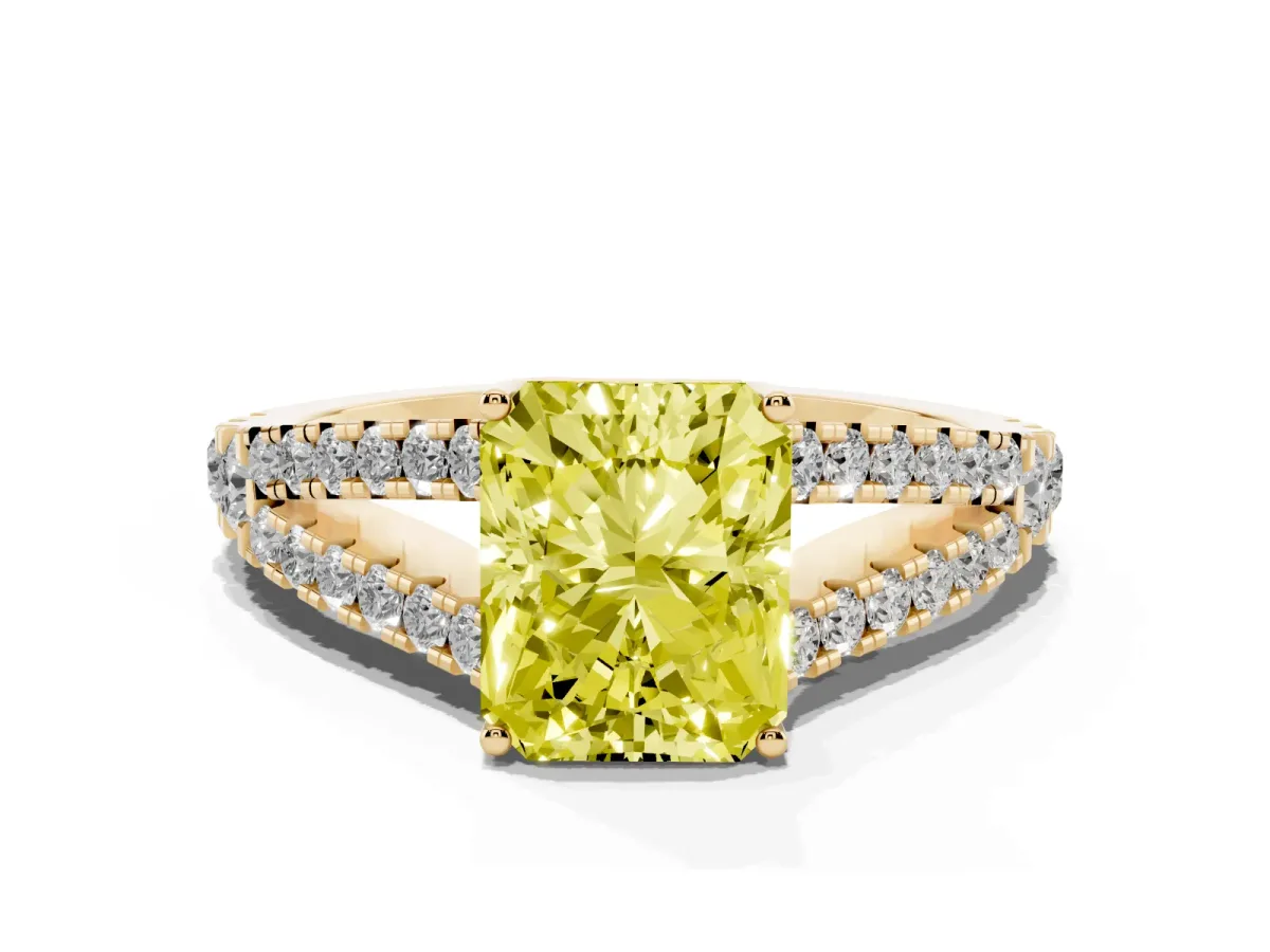 Fancy Yellow Radiant Cut Diamond Split Shank Engagement Ring with Round Pavé and Prong Setting Yellow gold
