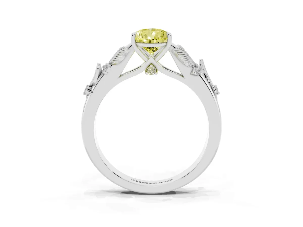 Fancy Yellow Pear Cut Diamond Solitaire Ring with Leaf Motif Band and Four-Prong Setting Silver