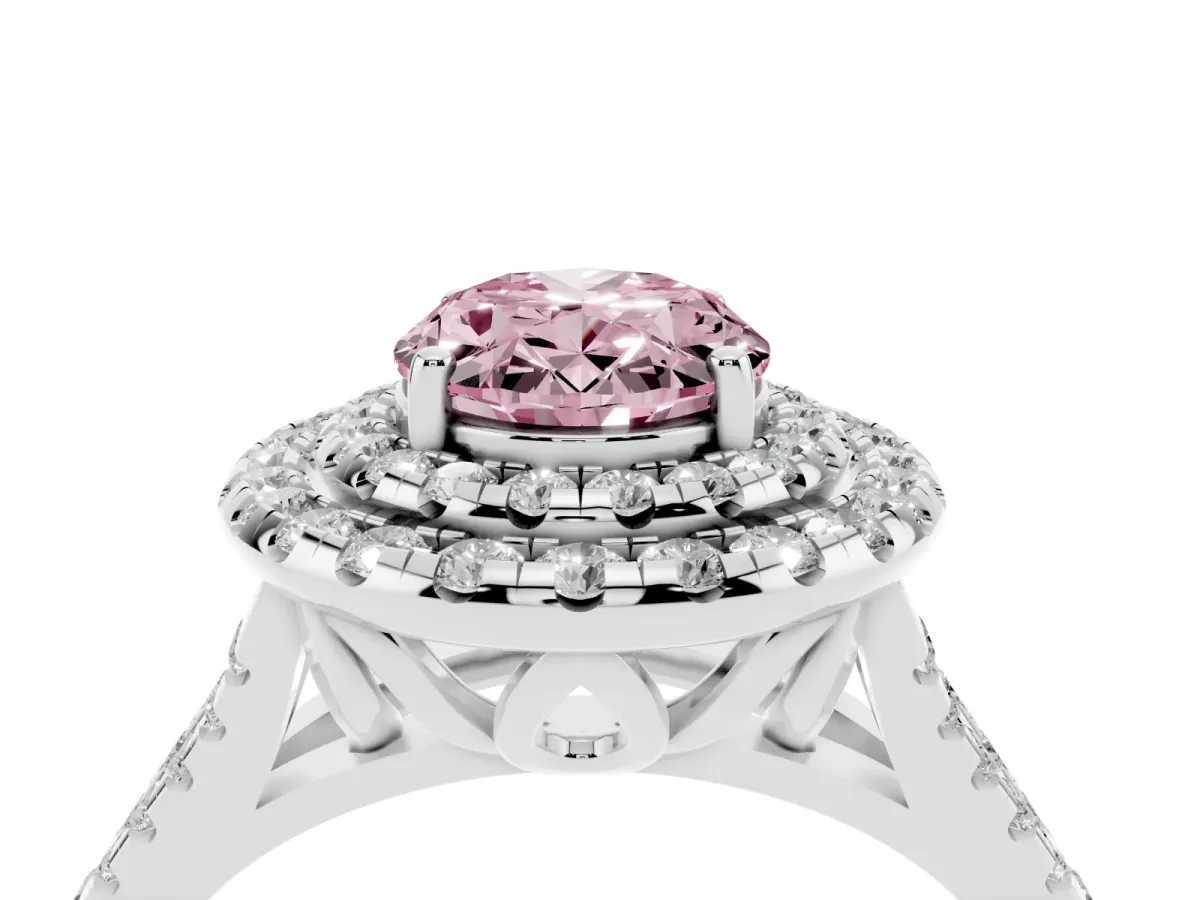 Fancy Pink Double Halo Oval Cut Diamond Pavé Split Shank Ring with Prong Setting Platinum
