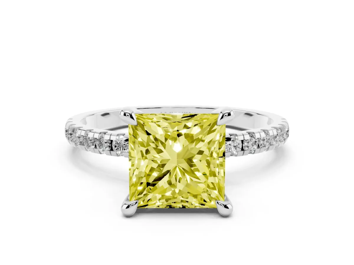 Fancy Yellow Princess Cut Diamond Brilliant Solitaire Ring with Pavé Band and Four-Prong Setting Platinum