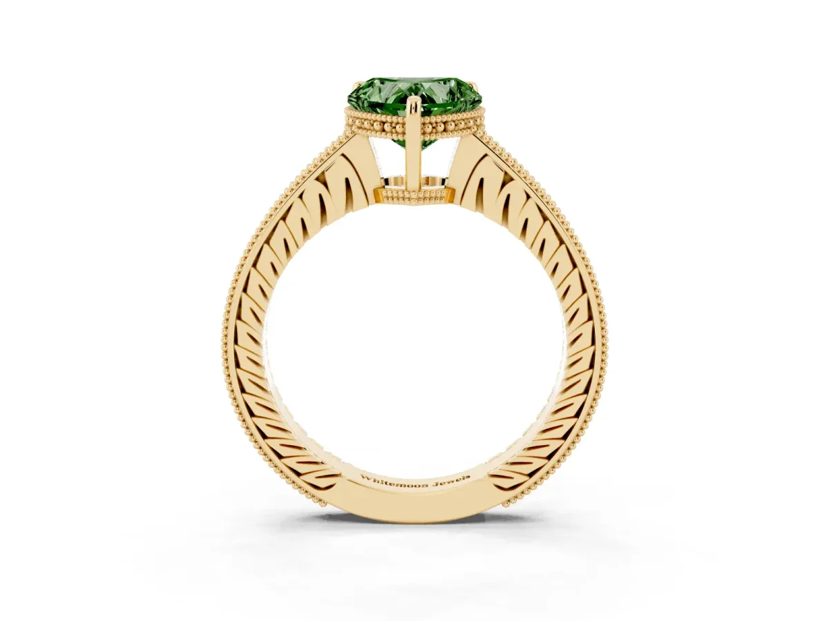 Fancy Green Heart Cut Solitaire Pavé Diamond Milgrain Engagement Ring with Four-Prong Setting Yellow gold
