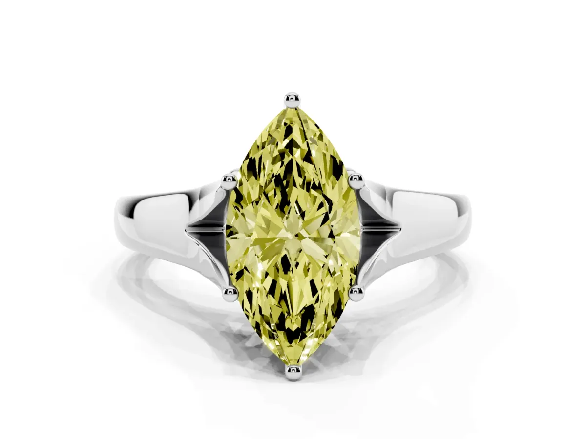 Fancy Yellow Marquise Cut Solitaire Diamond Ring with Cathedral Band and Four-Prong Setting Silver
