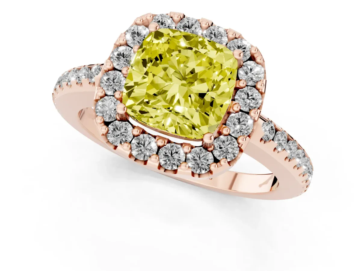 Fancy Yellow Cushion Cut Diamond Pavé Halo Ring with Four-Prong Setting Rose gold